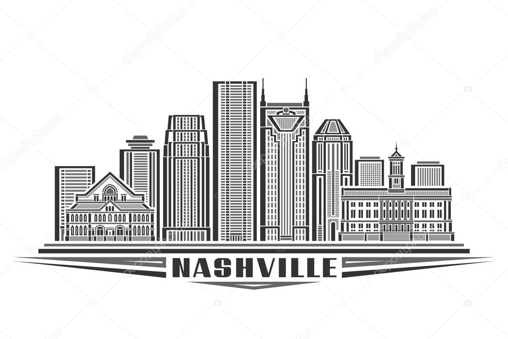 Vector illustration of Nashville, monochrome horizontal card with linear design nashville city scape, national urban line art concept with decorative lettering for text nashville on white background
