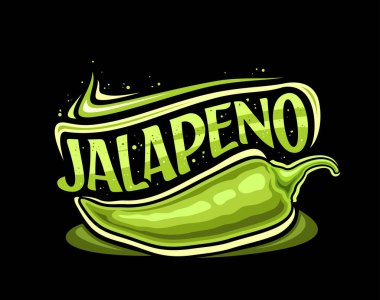 Jalapeno için vektör logosu, karikatür tasarımı yeşil biberli yatay dekoratif poster ve koyu arkaplanda yeşil metin jalapenosu için eşsiz fırça harfleri
