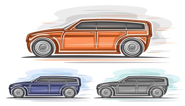 Vector fütüristik SUV seti, yatay otomotiv posteri, üç izole edilmiş egzotik konsept araba klip sanatı ile hareket eden, el yapımı lüks SUV arabası gelecekten beyaz arka planda