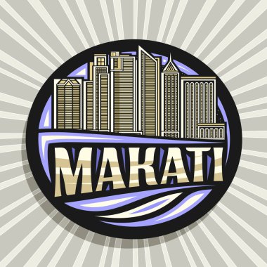 Makati için vektör logosu, gece gökyüzü arka planında ünlü makati şehir manzarasının çizgi çizimi ile koyu dekoratif etiket, metin makati için eşsiz fırça harfleriyle sanat tasarımı buzdolabı mıknatısı