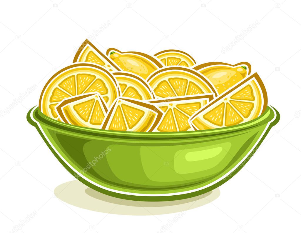 Vector Lemon Bowl, horizontal decorative poster with cartoon design cut lemon still life composition, outline illustration of group refreshing sliced lemon parts in green dish on white background