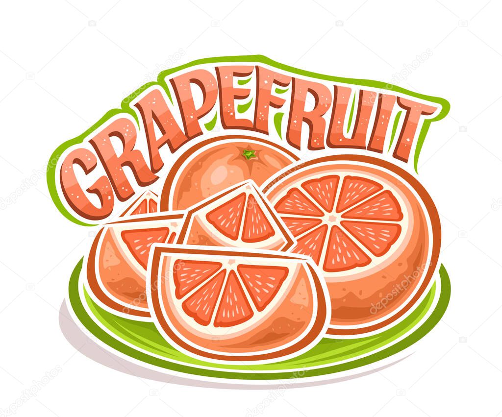 Vector logo for Pink Grapefruit, horizontal decorative poster with grapefruit composition, group of chopped pink fruity parts on green dish and unique lettering for text grapefruit on white background