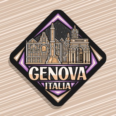 Cenova için vektör logosu, tarihi Genova şehir manzarasının detaylı resimleriyle siyah rhomb yol tabelası, sanat tasarımı turist buzdolabı mıknatısı Genova, İtalya için eşsiz harflerle