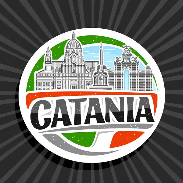 Catania için vektör logosu, beyaz dekoratif rozet, gökyüzü arka planında ortaçağ Catania şehir manzarasının ana hatlarıyla tasvir edilmiş tasarım buzdolabı mıknatısı, metin katanisi için eşsiz harflerle