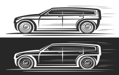 SUV Araba için vektör logosu, basit klipsli otomotiv afişleri, hareket halindeki modern konsept arabanın çizimi, siyah beyaz arka planda gelecekten gelen zarif çalışan arabanın çizimi
