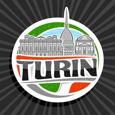 Torino için vektör logosu, beyaz dekoratif etiket. Gündüz gökyüzü arka planında ünlü Torino şehir manzarasının ana hatlarıyla tasvir edilmiş tasarım dairesi buzdolabı mıknatısı. Siyah metin Torino için eşsiz harflerle.