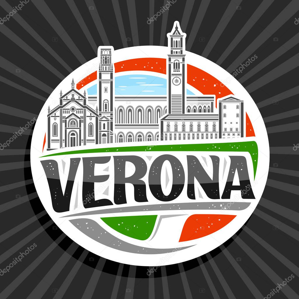 Vector logo for Verona, white decorative sign with outline illustration of european verona city scape on day sky background, art design refrigerator magnet with unique lettering for black text verona