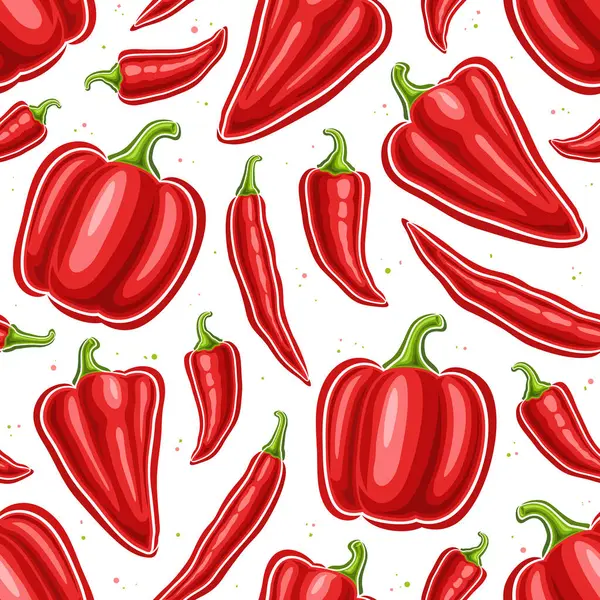 Vektör Kırmızı Bibersiz Desen, çeşitli uçan tatlı ve baharatlı karikatür biberleriyle dekoratif arka plan, düz çizgili kare pankart beyaz arka planda farklı kırmızı çan biberleri yatıyordu.