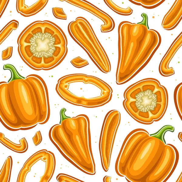 Vector Orange Pepper Desensiz Dekoratif arka plan çeşitli uçan karikatür tohumlu tatlı biberler, bir bütün ve beyaz arka planda biraz turuncu dolma biber içeren kare poster