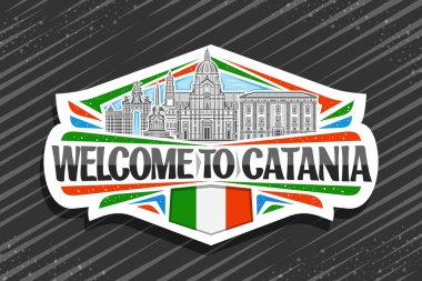 Catania için vektör logosu, gökyüzü arka planında panoramik katania şehir manzarasının detaylı resimleriyle dekoratif kağıt kesim tabelası, kara kelimelerle dolu sanat tasarımı buzdolabı mıknatısı Catania 'ya hoş geldiniz