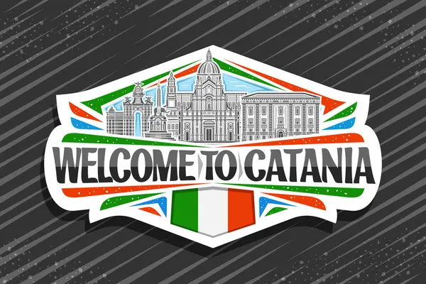 Catania için vektör logosu, gökyüzü arka planında panoramik katania şehir manzarasının detaylı resimleriyle dekoratif kağıt kesim tabelası, kara kelimelerle dolu sanat tasarımı buzdolabı mıknatısı Catania 'ya hoş geldiniz