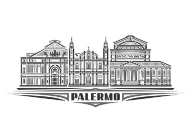 Palermo 'nun vektör illüstrasyonu, doğrusal tasarım palermo şehir manzaralı tek renkli yatay kart, beyaz arkaplanda koyu renkli metin palermosu için dekoratif harflerle tarihi şehir çizgisi sanat konsepti