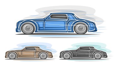 Renkli Coupe Cars seti, yatay otomotiv posteri, hareket eden, el çizimi, beyaz arka planda klasik coupe arabalarda üç izole edilmiş zarif konsept konsept araba sanatı.