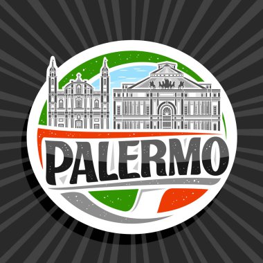 Palermo için vektör logosu, Avrupai palermo şehir manzarasının özet çizimi olan beyaz dekoratif etiket gökyüzü arka planında, sanat tasarımı buzdolabı mıknatısı siyah metin palermosu için benzersiz harflerle