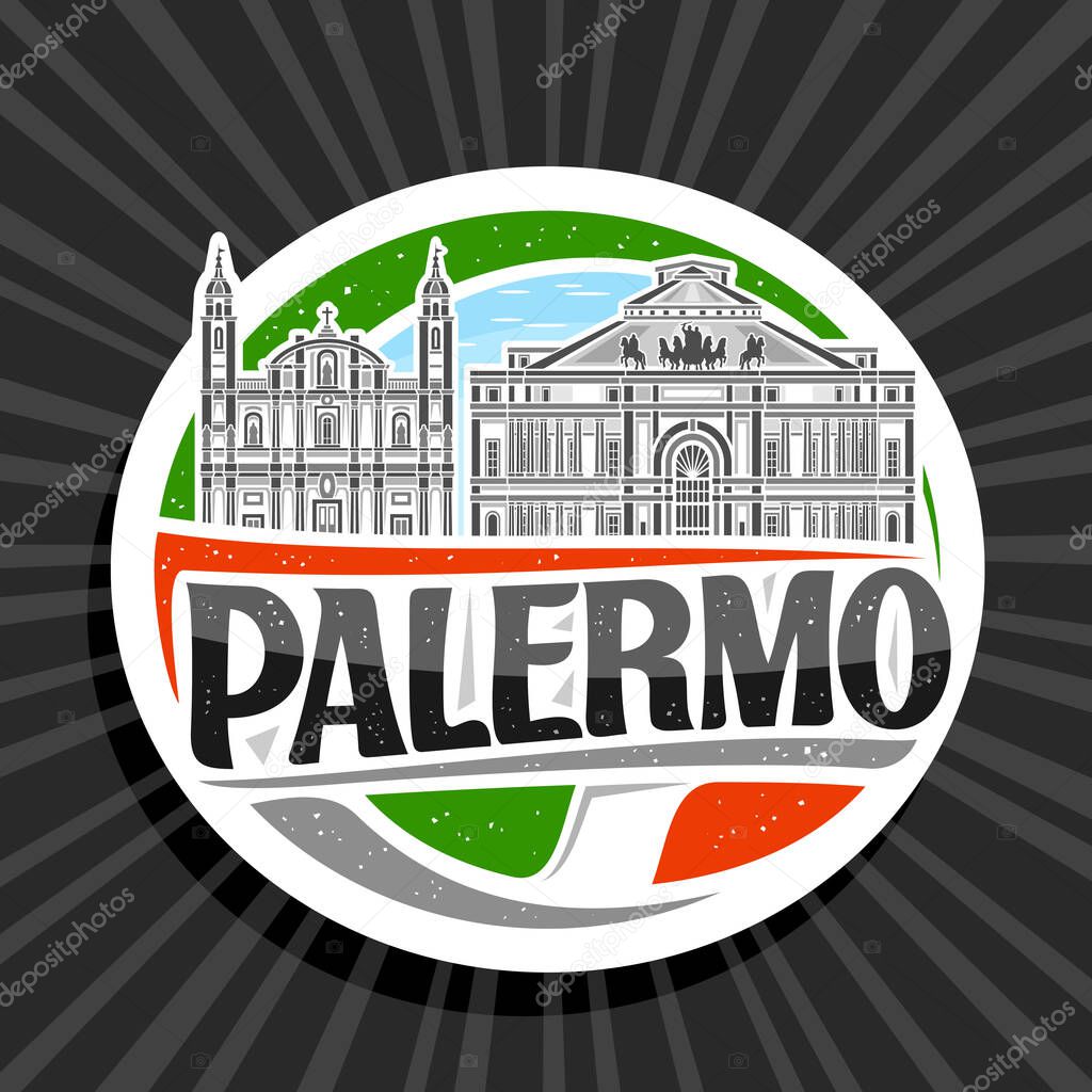 Vector logo for Palermo, white decorative tag with outline illustration of european palermo city scape on day sky background, art design refrigerator magnet with unique letters for black text palermo