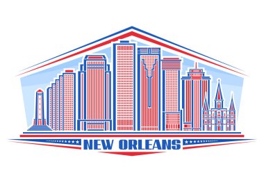New Orleans 'ın vektör illüstrasyonu, doğrusal tasarım ile yatay dekoratif işaret gündüz gökyüzü arka planında Birleşik Devletler şehir manzarası, mavi metin New Orleans için eşsiz harflerle kentsel çizgi sanat kavramı