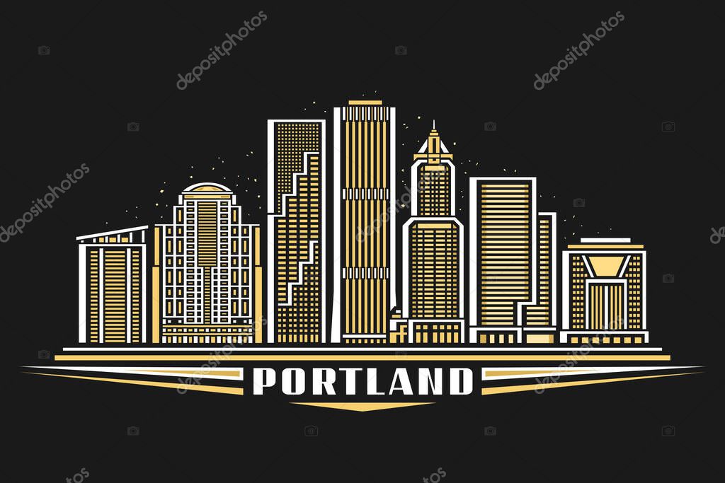 Vector illustration of Portland, dark horizontal card with linear design portland city scape on nighttime starry sky background, modern urban line art concept with unique lettering for text portland