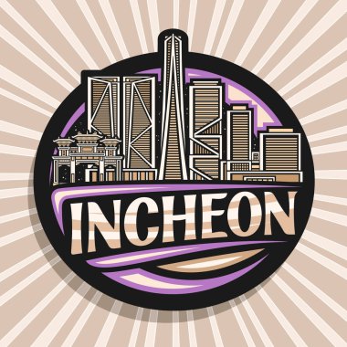 Incheon için vektör logosu, karanlık dekoratif etiket, alacakaranlık gökyüzü arka planında çağdaş incheon şehir manzarası çizimi, sanat tasarımı buzdolabı mıknatısı metin incheon için benzersiz harflerle