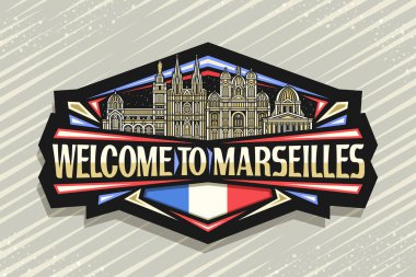Marsilya için vektör logosu, Marsilya 'nın ünlü şehir manzarasının çizgili tasviri gece gökyüzü arka planı, sanat tasarımı buzdolabı mıknatısı Marsilya hoş geldiniz sözleriyle birlikte