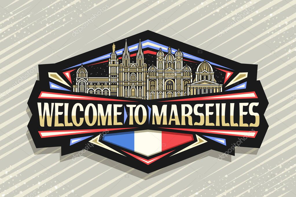 Vector logo for Marseilles, black decorative badge with line illustration of famous marseilles city scape on nighttime sky background, art design refrigerator magnet with words welcome to marseilles