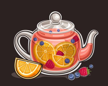Fruit Tea için vektör logosu, çizgi film tasarımlı yatay poster turuncu parçalı ve bütün meyveli geleneksel çay kompozisyonu, lezzetli meyve çaylı dekoratif pankart koyu arkaplanda hayat.
