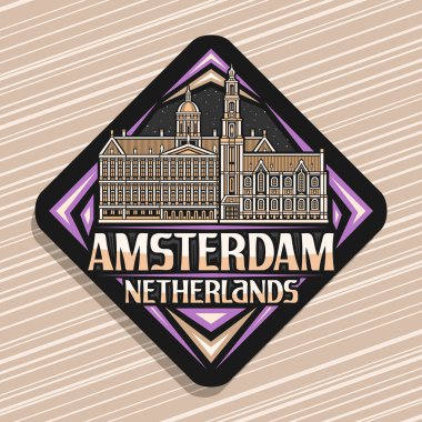 Amsterdam için vektör logosu, Amsterdam için koyu dekoratif rhomb yol tabelası, ünlü Amsterdam manzarasının çizimi, sanat tasarımı buzdolabı mıknatısı, kelimeler için eşsiz fırça harfleri, Amsterdam, Hollanda
