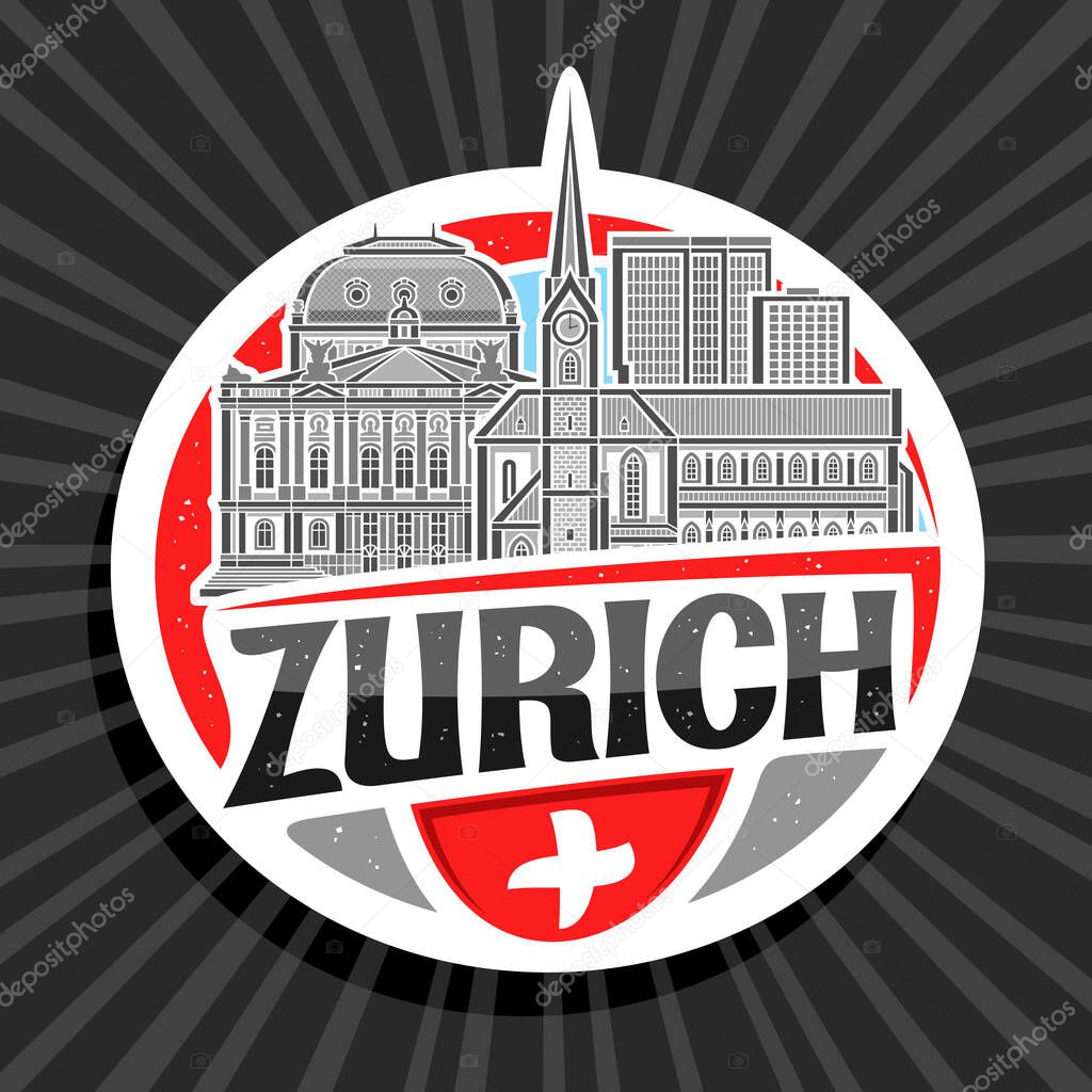 Vector logo for Zurich, white decorative label with outline illustration of famous historic zurich city scape on day sky background, art design fridge magnet with unique brush letters for text zurich