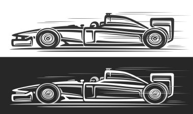 Formula 1 yarış arabası için vektör logosu, hareket halindeki spor konsept arabanın tek renkli klişe illüstrasyonlu otomotiv afişi, 80 'lerden kalma siyah beyaz arka planda çalışan bir arabanın çizimi.