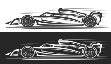 F1 yarış arabası için vektör logosu, basit klipsli otomotiv afişleri modern f1 konsept arabanın hareket halindeki çizimi, siyah beyaz arka planda kazanan spor arabanın çizimi