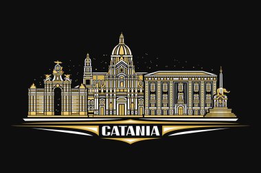 Catania 'nın vektör illüstrasyonu, gece gökyüzü arka planında doğrusal tasarım tarihi katania şehir manzaralı karanlık yatay kart, metin katanisi için eşsiz fırça harfleriyle kentsel çizgi sanat konsepti