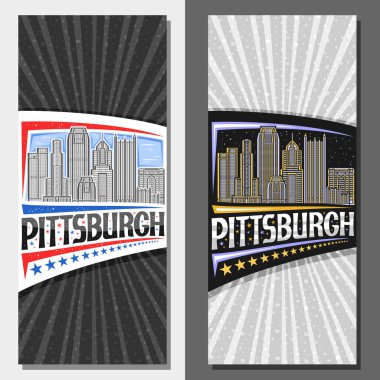 Pittsburgh için vektör dikey düzenleri, Pittsburgh şehir manzarasının gündüz ve alacakaranlık gökyüzü arkaplanının resimleriyle dekoratif şablonu, kelime Pittsburgh için eşsiz harflerle sanat tasarımı turist kartı