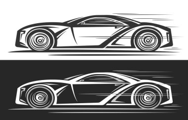 Spor Coupe Car için vektör logosu, tek renkli otomotiv afişi, hareket halindeki büyük konsept arabanın basit konsept gösterimi, çizgi çizgisi, siyah beyaz arka planda spor coupe arabası.
