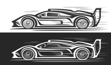 Hypercar için vektör logosu, tek renkli otomotiv afişi, hareket halindeki süper araba yarışlarının basit çizimi, siyah beyaz arka planda gelecekten gelen hiperaraba yarışının sanat eseri.