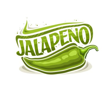 Jalapeno için vektör logosu, karikatür tasarımı yeşil biber biberli yatay dekoratif poster ve beyaz arkaplanda yeşil metin jalapenosu için eşsiz fırça harfleri