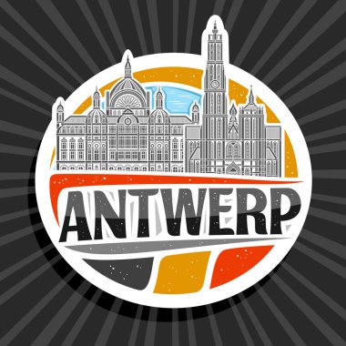Antwerp için vektör logosu, Antwerp için beyaz dekoratif etiket, Antwerp için eşsiz fırça harfleriyle sanat tasarımı buzdolabı mıknatısı, gökyüzü arka planında tarihi antwerp şehir manzarasının ana hatlarını gösteren tasvir.
