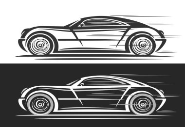 Coupe Car için vektör logosu, tek renkli otomotiv afişi, hareket halindeki sıradan konsept arabanın basit çizimi, 90 'lardan siyah beyaz arka planda çizgi çizili spor coupe arabası.