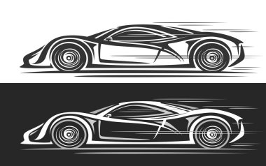 Arka motorlu Supercar için vektör logosu, tek renkli otomotiv afişi, hareket halindeki konsept süperotomobili çizimi, siyah beyaz arka planda gelecekten gelen çizgi sanatı süper arabası.