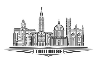 Toulouse 'un vektör illüstrasyonu, doğrusal tasarımı olan tek renkli yatay kart ünlü toulouse şehir manzarası, beyaz arkaplanda siyah metin toulouse için dekoratif harflerle kentsel çizgi sanat konsepti