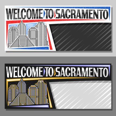 Sacramento için fotokopi alanı ile vektör düzeni, Sacramento şehir manzarasının gün ve alacakaranlık arkaplanı ile çizgili dekoratif bilet, Sacramento 'ya hoş geldiniz diyen sanat tasarımı turist kartı