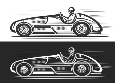Vintage Racing Car için vektör logosu, siyah ve beyaz arka planda yarış konsepti arabasının klipsli bir çizimi olan tek renkli otomotiv pankartı.