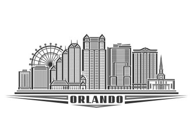 Orlando 'nun vektör illüstrasyonu, doğrusal tasarım orlando şehir manzaralı tek renkli yatay kart, beyaz arkaplanda siyah metin orlandosu için dekoratif harflerle modern şehir çizgisi sanat konsepti