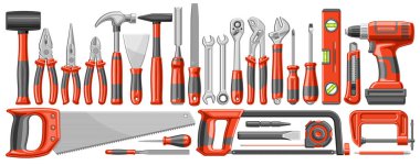 DIY Araçları vektör seti, kesilen resimlerden oluşan bir grup yatay afiş çeşitli profesyonel turuncu diy araçları, beyaz arkaplandaki diy mağazası için çeşitli ahşap işleme araçları koleksiyonu