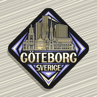 Goteborg için vektör logosu, karanlık dekoratif rhomb yol tabelası şehir gotik şehir manzarası çizimi, sanat tasarımı buzdolabı mıknatısı kelimeler için eşsiz fırça harfleri olan 
