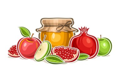 Vektör meyve Still Life, karikatür tasarımı için tebrik kartı olgunlaşmış meyve ve doğal bal kabı grubu, kırmızı ve yeşil elmalı vegan meyveli kompozisyon beyaz arka planda.