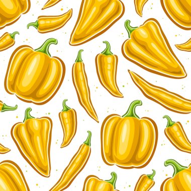 Vektör Sarı Karabibersiz Kare arkaplan, çeşitli uçan tatlı ve baharatlı karikatür biberleri, düz tabela beyaz zemin üzerinde farklı canlı sarı dolma biberler yatıyordu