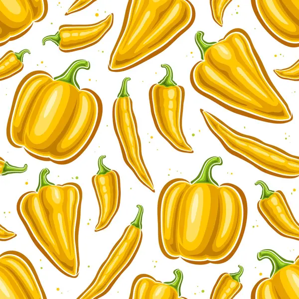 Vektör Sarı Karabibersiz Kare arkaplan, çeşitli uçan tatlı ve baharatlı karikatür biberleri, düz tabela beyaz zemin üzerinde farklı canlı sarı dolma biberler yatıyordu