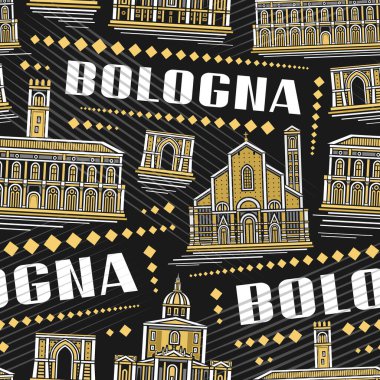 Vektör Bologna Kusursuz Desen, iç dekorasyon için gece arkaplanı üzerinde tarihi Bolonya şehir manzarasının çizimi ile arka planı tekrarlıyor, metin bolonya ile dekoratif çizgi kapağı
