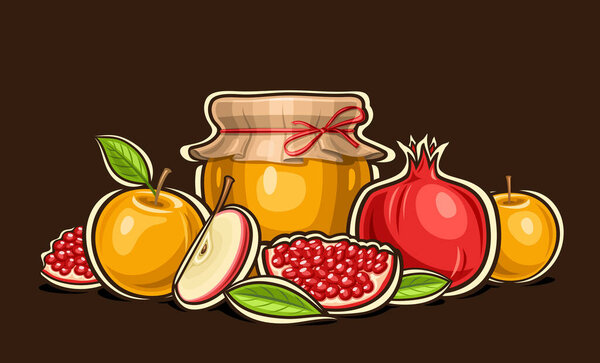 Vector fruit Still Life, greeting card for rosh hashanah with group of cartoon design juicy fruits and natural honey jar, vegetarian composition with red and yellow whole apples on black background