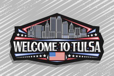 Tulsa için vektör logosu, Tulsa için siyah dekoratif etiket gece gökyüzü arka planında kentsel tulsa şehir manzarasının detaylı çizimi, sanat tasarımı yatay buzdolabı mıknatısı Tulsa 'ya hoş geldiniz