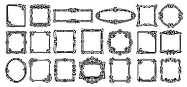 Dekoratif çerçevelerin vektör seti, siyah izole resimlerin koleksiyonu kıvrımlı ve noktalı kumaş çerçeveler, beyaz arkaplandaki lüks düğün davetiyesi için 20 adet boş çerçeve düzeni